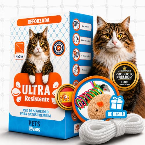 Red para Gatos Terraza 4x3m Transparente, Kit Montaje Completo Sin Taladro | Resistente Anti UV, Incl 2 Juguetes, Red Gatos Ventanas Sin Taladro, Red Gatos Terraza, Malla para Gatos Balcón