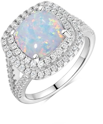 Wyyxl Fire Opal Engagement Rings 2.5 Cttw CZ Inlaid October Birthstone Double Halo Cocktail Rings for Women White Gold Plated Silver Cushion Cut Ring- Size 7