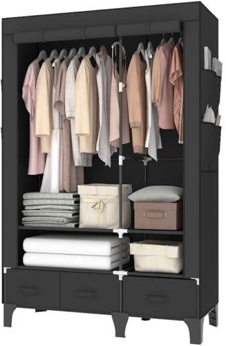 OPPAIYA Stoffschrank Kleiderschrank Stabil, 109cm Breit, Faltschrank mit 2 Kleiderstangen & Schubladen, Großer Textilschrank für Schlafzimmer, Garderobe Schwarz, 109x45x165 cm