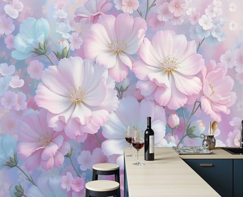Carta Da Parati Effetto 3D Acquerello Fiori Di Ciliegio 300x210cm, Fotomurali Seta, Stile Floreale Giapponese Fresco Decorazione Poster Arte Murale Moderna per Casa Ufficio Camera Da Letto Soggiorno
