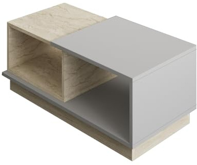 Moderna Mesa de café con bandejas, travertinos y Gris, 90 x 36 x 45 cm, Tablero de partículas Recubierto de melamina 100%, Grosor de 18 mm, solución de Almacenamiento Elegante y Funcional