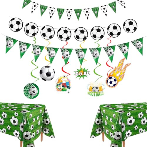 HaploS 11 Pezzi Set di Decorazioni per Festa a Tema Calcio, 6PCS Football Hanging Swirl Decoration, 2PCS Calcio Tovaglia, Addobbi Compleanno Tema Calcio, Striscione da Calcio a Spirale