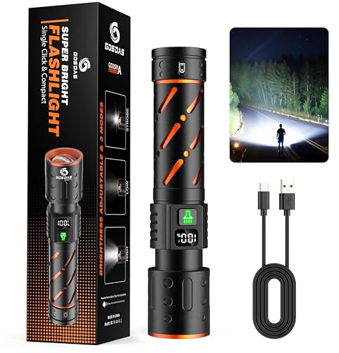 Rechargeable Torch LED Super Bright 1000000 Lumens Long Lasting 12H 3-Mode | Long Range up to 2000 FT, USB C Input & Output LCD Display, Small 14.6cm Length for Camping Hiking Home Travel