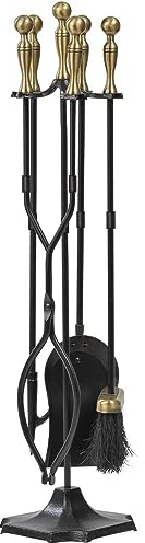 Amagabeli 5 pezzi Set di attrezzi per camino Manici in ottone Set e supporto in ferro battuto Set per fuoco da interno per esterno Set di accessori per braciere Kit grande