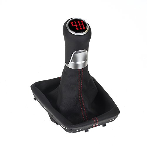 Schaltknauf Schaltsack Leder kompatibel mit VW Passat 3C / B7 CC | Variant Limousine R36 / TDI / TFSI / TSI rot beleuchtet Schaltmanschette Naht rot 6-gang Schaltgetriebe passgenau