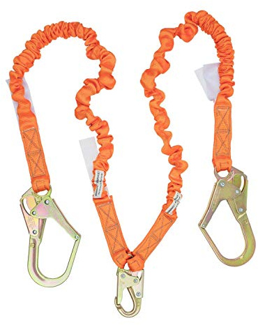 Malta Dynamics 4.5' to 6' Fall Protection Double Leg Stretch Internal Shock Absorbing Lanyard with 1 Steel Snap Hook and 2 Rebar Hooks, OSHA/ANSI Compliant