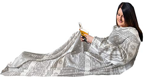 HOMELEVEL Kuscheldecke aus Microfaser mit Ärmeln Ärmeldecke Sofadecke 200cm x 150cm TV Decke Decke mit Armen Grau Norweger Design Wohndecke Decken (Hellgrau Norweger Design 2)