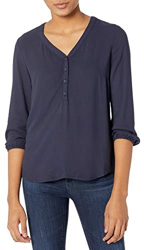 Amazon Essentials Women's Popover-skjorta med knapp och trekvartsärmar, Marinblått Xsp, M
