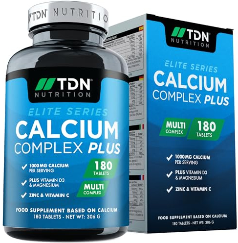 Calcium und Vitamin D Tabletten - 180 Tabletten - Hochwertiger 1000mg Calcium-Komplex mit Vitamin D3, Magnesium, Zink und Vitamin C - Unterstützt Knochen, Knorpel und Muskeln