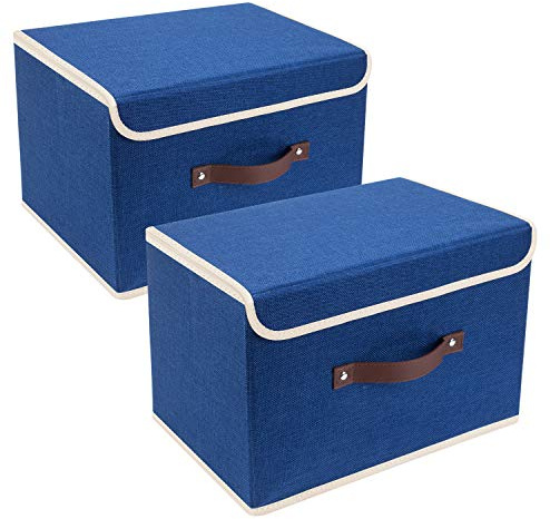 TYEERS Faltbare Aufbewahrungsbox mit Deckel, Stoff, Waschbare, Kisten Aufbewahrung mit Deckel, 38x25x25 cm, 2-Stück, Klassisch Blau