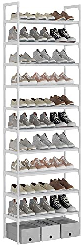 AcornFort® S-528 10 Tiers White Adjustable Shoe Storage Tall Rack Organiser Shelf Hold Stand for 30 Pairs Shoe, 56 x 30 x 170cm Silver, Sturdy Design, Space Saving
