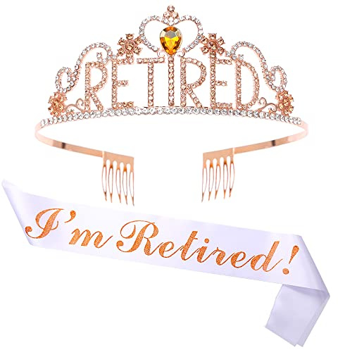 GotGala Diadem und Schärpe für den Ruhestand – I'm Retired Weiß & Rotgold glitzernde Fleckenschärpe Kristallkrone Ruhestandsgeschenk für Frauen Ruhestand Party Dekorationen