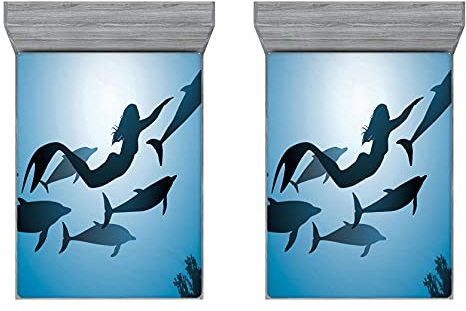 ABAKUHAUS Unterwasser- 2er-Satz Spannbetttuch, Meerjungfrau und Delphine, Soft Dekorativer Stoff Bettwäsche Rund-um Elastischer Gummizug, 180 cm x 200 cm, Blau Schwarz Petrol Blau