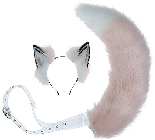 2 stücke Katze Ohren und Wolf Fuchs Tier Cosplay Kostüm Faux Pelz Haar Clip Kopfschmuck Halloween Geburtstagsfeier Plüsch Set Tail Für Frauen Große Fuchsschwanz mit einstellbarem Loch