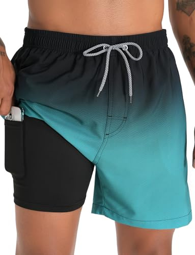 zeetoo Mens Swim Trunks with Compression Liner 5.5 Inseam Shorts Bathing Suit Quick Dry Swimsuit Gradient-Green M