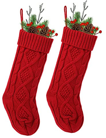 LOAVER Knitted Christmas Stockings Gift Socks, 46cm Large Red Stocking for Xmas Gift Filling Home Decoration