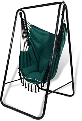 CCLIFE Hängesessel mit Gestell und Kissen 100 kg Indoor Outdoor Hängestuhl | Hängestuhl mit stabilem Gestell und Kissen, bis 100 kg belastbar, für Garten, Balkon, Terrasse, Wohnzimmer und Entspannung