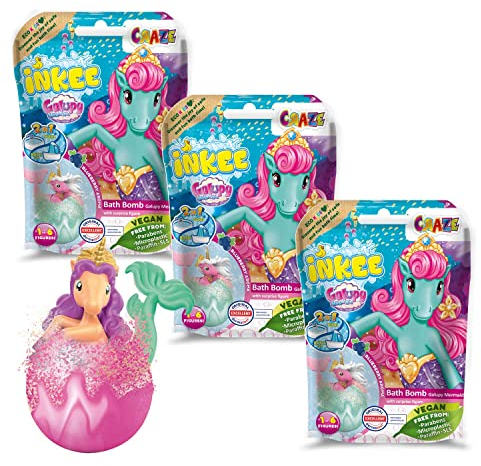 INKEE Surprise GALUPY MERMAID | 3er Pack Badebomben Kinder mit Überraschung, 3x Meerjungfrau Badekugeln kinder mit Zuckerwatte Aroma, Einhorn Spielzeug,