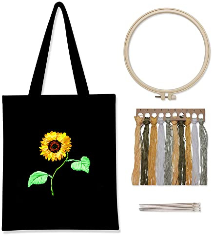 Creperture Stickerei Starter Set, Tote Bag Stickerei Starter Kit mit Blumenmuster Pflanzen und Anleitung Kreuzstich Starter Tools Kit Kreuzstich Werkzeug Set für DIY Kunst, Handwerk, Nähen, A