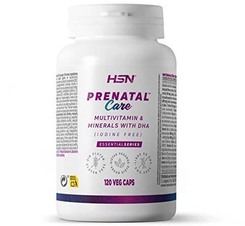 HSN Vitaminas y Minerales para el Embarazo Prenatal Care* sin Yodo | 120 Cápsulas Vegetales | metil-b9, metil-b12, D3 | Con DHA Vegano y Citicolina | No-GMO, Sin Gluten