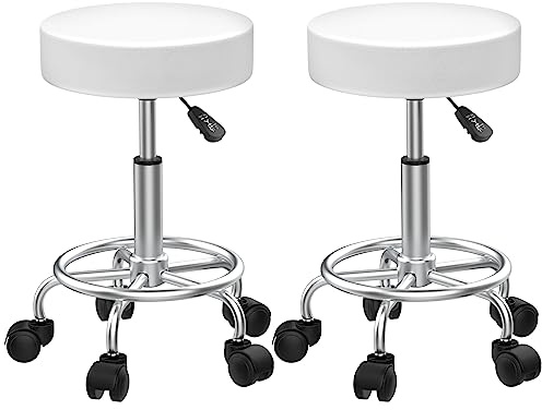 2 Rollhocker Höhenverstellbar, drehbar barhocker für Haushalt Studio Praxis | Weiß barhocker Höhe 49-64cm, 3-stufiger pneumatischer Hubarm, Weiches Kunstledergewebe, Praktisches verchromtes Fußpedal