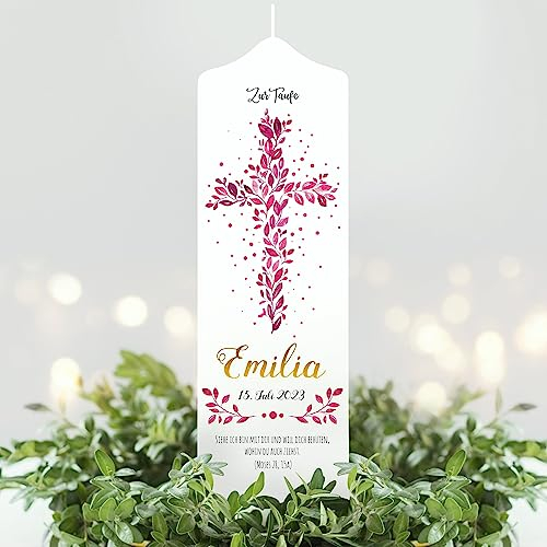 Cierge de baptême pour garçon et fille - Croix sacrée - Feuilles roses - baptême avec Prénorm, date et cierge citation de baptéme personnalisé 25 x 7 cm