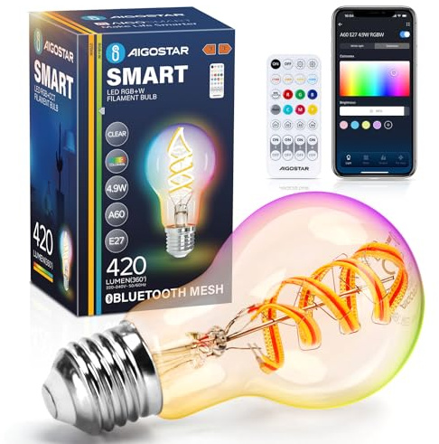 Aigostar Mesh-Bluetooth Smart Bulb LED 4.9W 420LM, Warm White 2700K & Dimmable RGB Colours, Compatible with Alexa Direct Connection, E27 Bulb A60