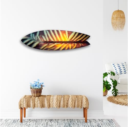 DECLINA, Décoration murale, planche de surf, déco surf, impression sur aluminium, Planche de surf déco design feuille de palmier, 100x30 cm