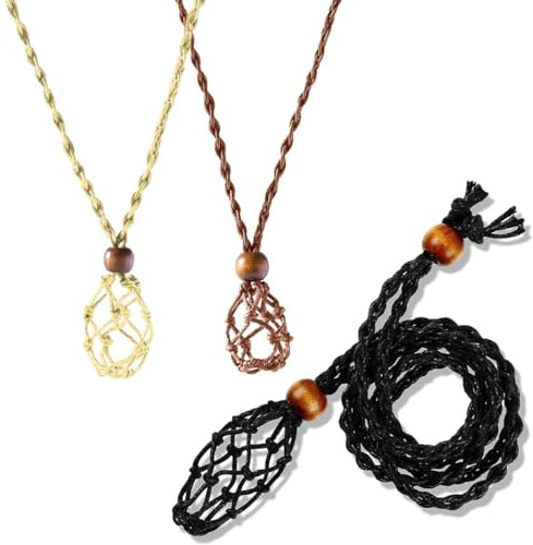LEEQ 3 PCS Cordons de Collier - Porte-Pierre Vide en Cristal, Cordon de Pierre Brute en Quartz, Pendentif Corde Ajustable (Noir, Brun, Brun Clair)