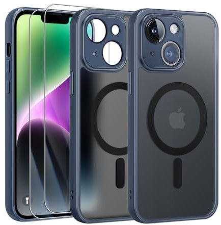 FLLAO Magnétique Coque pour iPhone 14 avec 2 Verre Trempé, Compatible avec MagSafe, Protection d'objectif Tout Compris, Etui Translucide Mat Arrière Housse Fine Antichoc Case, Bleu Orage
