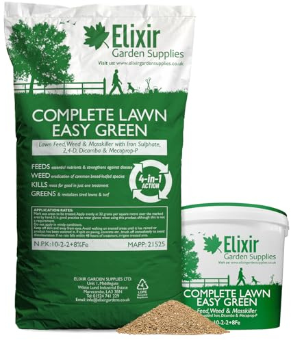 Elixir Gardens UK COMPLETE LAWN Weed, Feed & Mosskiller 10-2-2+8Fe | 4-in-1 Turf & Grass Fertiliser/Feed with Added Iron, Dicamba & Mecoprop-P | 96 Square Meters Coverage | 3kg Bag