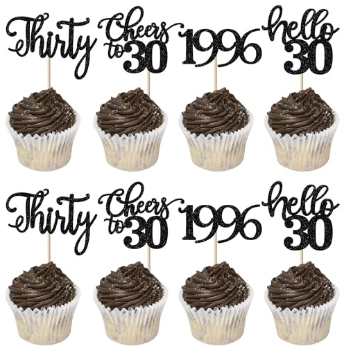 SYKYCTCY 24 Pack Happy 30th Birthday Cupcake Toppers Thirty Hello 30 Cupcake Picks Cheers to 30 Cake Decorations for 30th Birthday Party Anniversary Party Supplies Black