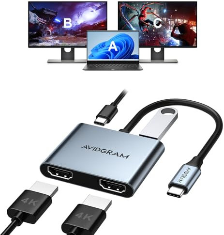 AVIDGRAM USB C to Dual HDMI Adapter 4K 30Hz, USB C Multiport Adapter with Dual HDMI, USB 3.0, 100W PD, Supports USB C to HDMI Splitter Extended Display for Computer