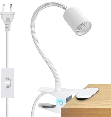 Klemmlampe E27, Lampe für Bett, Clip mit Schwanenhals, verdickt, 9 mm, Nachttischlampe mit 220 cm Kabel, E27-Fassung mit Schalter, Schreibtischlampe Clip für Tisch, Make-up
