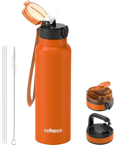 GOPPUS 750ml/26oz Stainless Water Bottle with Straw Double Wall Insulated Bottles with Strap Reusable Vacuum Thermal Flask Leakproof Keep Cold Drinks Bottles with Flip Top Lid for Men Women BPA Free