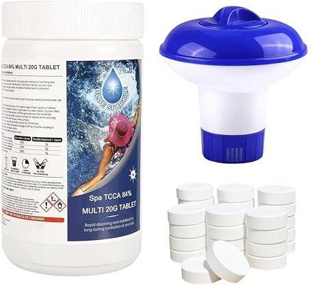 Pastiglie di cloro multifunzione 4 in 1 da 1 kg, a rilascio lento con dispenser galleggiante, per tutte le vasche idromassaggio, piscine, spa, decontaminazione, 50 x 20 g