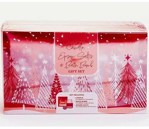 SGM Salts, Candle & Bath Bomb Set - Apple & Cinnamon | 3pc Bath Gift Set with Relaxing Candle, Epsom Salts & Bath Bomb | Vegan-Friendly Relaxation Gift for Self-Care - ELY1203