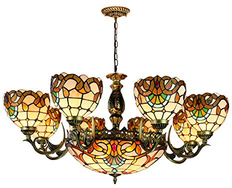 JXBSK Tiffany Style Baroque Chandeliers, Vintage Stained Glass Ceiling Pendant Light, 8 Lights, Victorian Style Hanging Lamp for Living Room Bedroom Dining Room Kitchen