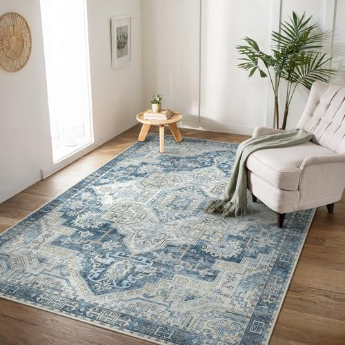 BEIMO Alfombra Salon Pelo Corto Vintage, Alfombra Dormitorio, Alfombras Antideslizantes Lavables, Alfombras Persas para Habitación de Niños, Escalera, Azul Marino, 120x170cm