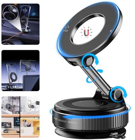 Foluu Upgraded Magnetic Phone Holder, 360° Rotating Adjustable and Foldable Vacuum Adsorption Car Phone Mount Low Noise for iPhone & Android for Car/Gym/Mirror/Smooth Surface (Black)
