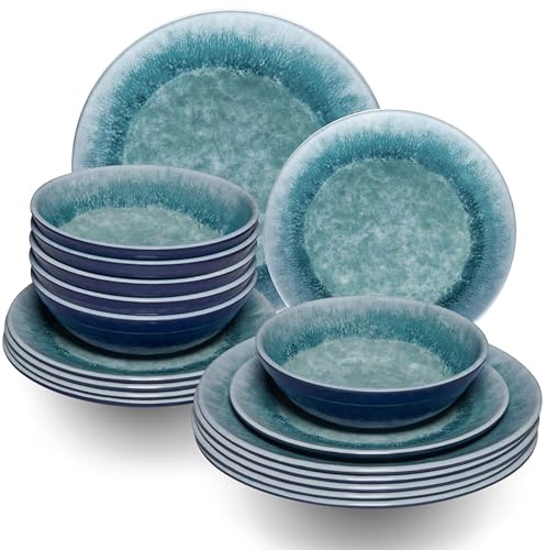 Service de table en mélamine Adria Blue pour 6 personnes – 18 pièces – Bleu – Aspect grès Passe au lave-vaisselle Vaisselle de camping Camping Camping Festival pique-nique Jardin Party