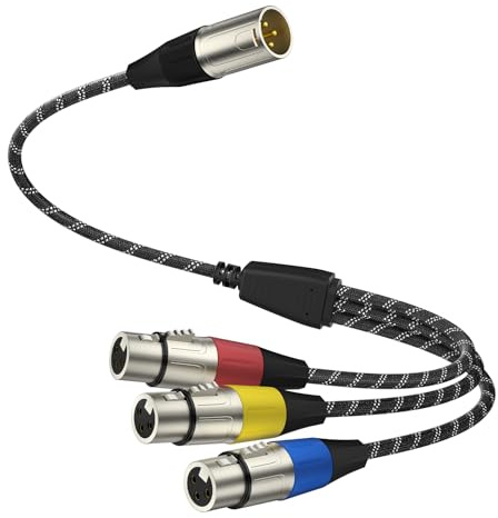 J&D XLR Splitter Cable, Gold Plated 3 Pin XLR 1 Male to 3 Female Adapter, Balanced Microphone Cord for Mixer, AMP, Limiter, Speaker and Recording Equipment, 1.6 Feet