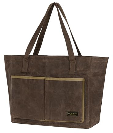 Kaaltisy 16oz Wachstuch Canvas Einkaufstasche – Wiederverwendbare Tragetasche mit Reißverschlusstasche & Fächern, robuste Tasche für Einkaufen und Alltag