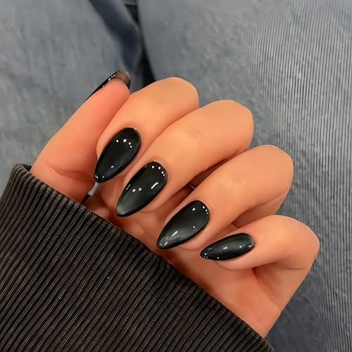 KQueenest Cat Eye Press On Nails - Schwarz Nägel zum Aufkleben Mandel Mittel, Sparkle Glitzer Fake Nails Set, Luxus Bling Acryl Künstliche Fingernägel zum aufkleben für Frauen, 30 Stück
