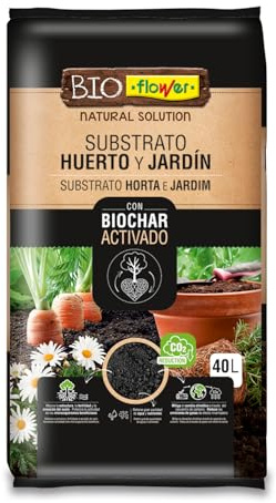 Flower - Sustrato Huerta y Jardín con Biochar Activado 40 L | Compost Vegetal, Fibra de Coco, Perlita y Carbón Vegetal Activado | Apto para Agricultura Ecológica