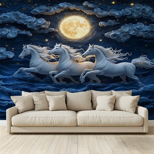 MKBKLI Papel pintado fotográfico con diseño de caballo blanco galopando con luna, diseño para paredes de habitación, fotomurales de tela no tejida, 250 cm de largo x 175 cm de alto
