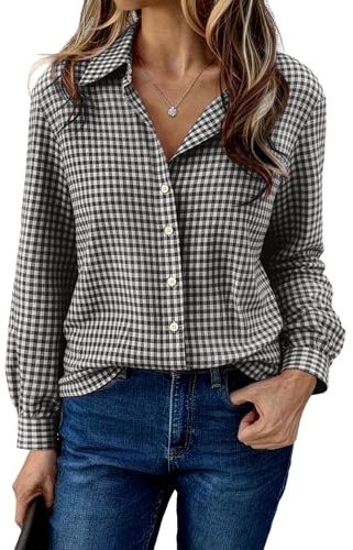 Aottori Camicia a Quadri Donna Cotone Maniche Lunghe Camicie Elegante con Bottoni Oversize Blusa Casual Classica Vintage vestibilità Camicette Nero M