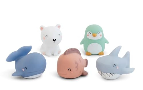 Juguetes de Baño para Bebés, Set de 5 Animales Marinos, Ballena Pingüino Tiburón Morsa Oso Polar, Suaves y Lindos