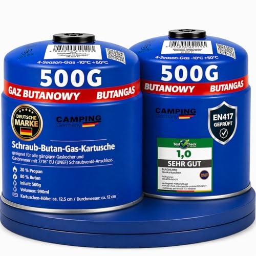 Magnum® 2X Schraubkartuschen 500 g [EN417] [Propan & Butan] (2X 500 G) | Campingkocher | Grill | Gaskartusche | Schraubkartusche | Schraubventil | EN417