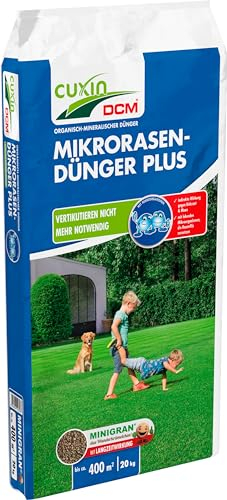 CUXIN DCM Mikrorasen-Dünger Plus - Langzeit Rasendünger - MINIGRAN® TECHNOLOGY - Kein Vertikutieren nötig - organisch-mineralischer NPK-Dünger- 20 KG für 400qm